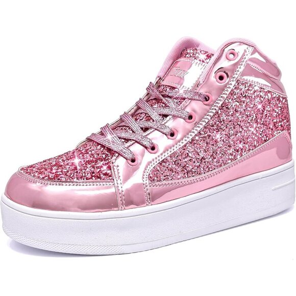 Shoes - Women's Pink Shiny Glitter Sequin Shoes High Top Sneakers Fashion Bling